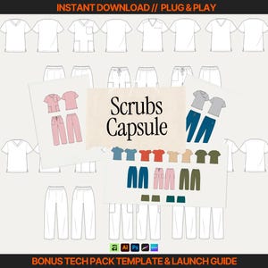 Könnte beinhalten: Eine digitale Designressource mit dem Titel Scrubs Capsule, die technische Skizzen von medizinischen Kasack-Oberteilen und Hosen in weißen Umrissen sowie farbcodierte Sets von Oberteilen und Hosen in Pink, Blau, Grau, Orange, Beige und Grün zeigt.