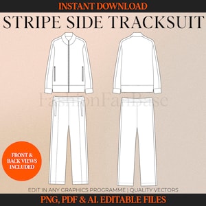 Stripe Tracksuit Vector Zip Through Tracksuit Vector Hoodie Mock up Sweatshirt Drawing Jogger Streetwear Vector Fashion Tech Pack Template