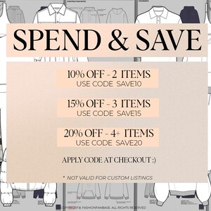 Puede incluir: Un gr&aacute;fico con el texto "SPEND & SAVE" y una lista de descuentos para comprar varios art&iacute;culos. Los descuentos son del 10% para 2 art&iacute;culos, del 15% para 3 art&iacute;culos y del 20% para 4 o m&aacute;s art&iacute;culos. El gr&aacute;fico tambi&eacute;n incluye el texto "USE CODE" seguido de un c&oacute;digo para cada descuento. El gr&aacute;fico tambi&eacute;n incluye el texto "APPLY CODE AT CHECKOUT :)" y "* NOT VALID FOR CUSTOM LISTINGS".