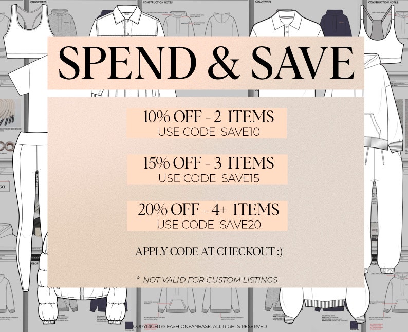 Puede incluir: Un gr&aacute;fico con el texto "SPEND & SAVE" y una lista de descuentos para comprar varios art&iacute;culos. Los descuentos son del 10% para 2 art&iacute;culos, del 15% para 3 art&iacute;culos y del 20% para 4 o m&aacute;s art&iacute;culos. El gr&aacute;fico tambi&eacute;n incluye el texto "USE CODE" seguido de un c&oacute;digo para cada descuento. El gr&aacute;fico tambi&eacute;n incluye el texto "APPLY CODE AT CHECKOUT :)" y "* NOT VALID FOR CUSTOM LISTINGS".