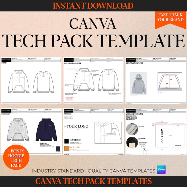 Plantilla de paquete técnico de moda Plantilla de paquete técnico de Canva Sudadera con capucha Paquete tecnológico Sudadera Dibujo Plantilla de Canva Paquete técnico de diseño de moda