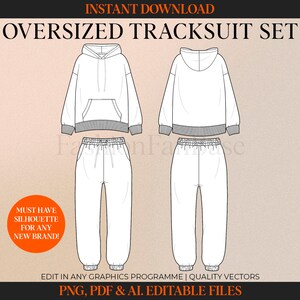 May include: A white oversized tracksuit set featuring a hoodie and sweatpants. The hoodie has a drawstring and a kangaroo pocket. The sweatpants have an elastic waistband and cuffed legs. The text "MUST HAVE SILHOUETTE FOR ANY NEW BRAND!" is written in black on a white background.
