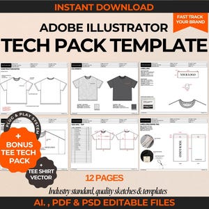 Op de afbeelding: Een tech pack-sjabloon voor Adobe Illustrator, met een t-shirtontwerp, constructie-opmerkingen, kleurpaletten, etikettering en een maattabel. Het sjabloon bevat 12 pagina's en is beschikbaar in de formaten AI, PDF en PSD. De tekst "Plug & Play System" en "Bonus Tee Tech Pack" is ook zichtbaar.