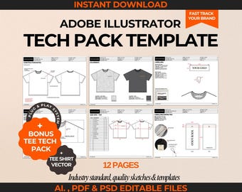 T-Shirt Tech Pack Fashion Tech Pack Template Tee Shirt Vector Adobe Illustrator DIY Tech Pack Ai. PDF