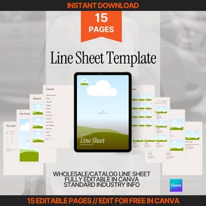 Könnte beinhalten: Eine digitale Line-Sheet-Vorlage mit 15 bearbeitbaren Seiten, die auf einem Tablet-Bildschirm angezeigt werden. Das Design enthält eine Landschaftsgrafik mit einer Wolke und grünen Hügeln. Text umfasst "15 PAGES", "Line Sheet Template".