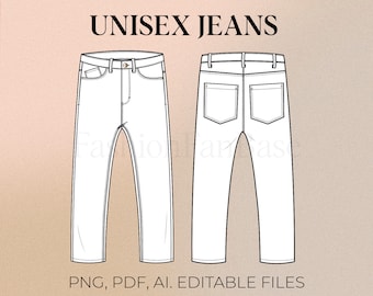 Classic Jeans Drawing Unisex Pants Fashion Flat Streetwear Tech Pack Template Clothing Design Fashion Design Template AI PNG PDF
