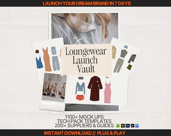 Loungewear Launch Vault 1100+  Sleepwear Vectors Pajama Mockup Templates Fashion Supplier List Canva Tech Pack Template Kit