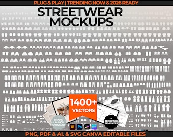 1400+ Streetwear Mockup Pack Clothing Brand Vector Tech Pack Template Canva Launch Guide Flat Sketch Hoodie Tee Drawing