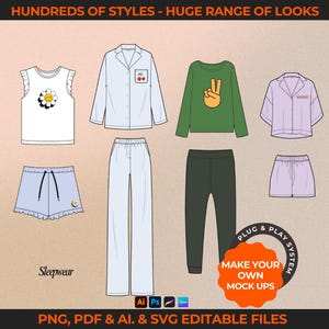Downloadable childrenswear and baby clothing vectors. Fashion tech pack template for kids' clothing brands. Includes flat sketches, mock-ups, and tech drawings in AI, PDF, and PNG formats. Compatible with Adobe Illustrator, Photoshop, Procreate, and Canva.