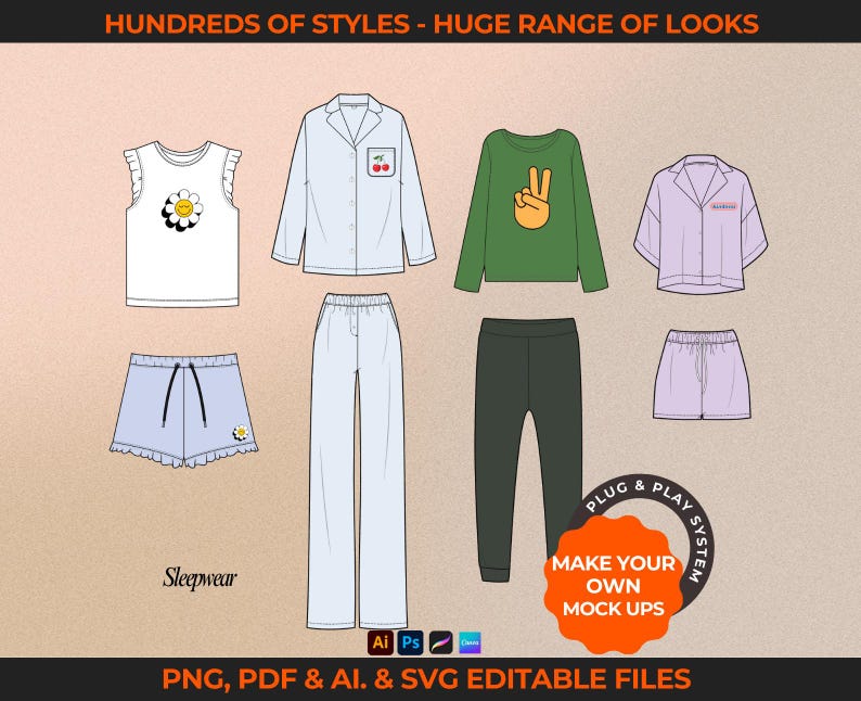 Downloadable childrenswear and baby clothing vectors. Fashion tech pack template for kids' clothing brands. Includes flat sketches, mock-ups, and tech drawings in AI, PDF, and PNG formats. Compatible with Adobe Illustrator, Photoshop, Procreate, and Canva.