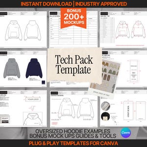 May include: A digital tech pack template for an oversized hoodie, featuring multiple pages with technical sketches, bill of materials, size specifications, colourways, and labelling guides. The layout includes text labels, diagrams, and a Canva logo.