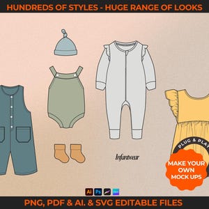 Downloadable childrenswear and baby clothing vectors. Fashion tech pack template for kids' clothing brands. Includes flat sketches, mock-ups, and tech drawings in AI, PDF, and PNG formats. Compatible with Adobe Illustrator, Photoshop, Procreate, and Canva.