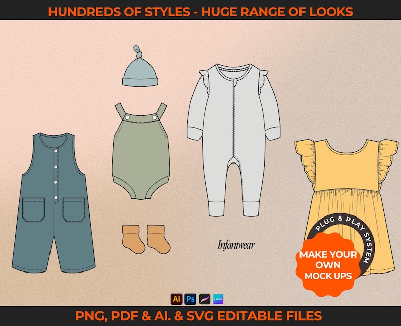 Downloadable childrenswear and baby clothing vectors. Fashion tech pack template for kids' clothing brands. Includes flat sketches, mock-ups, and tech drawings in AI, PDF, and PNG formats. Compatible with Adobe Illustrator, Photoshop, Procreate, and Canva.