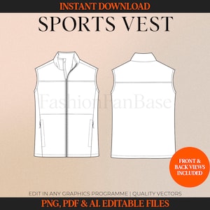 May include: Line drawing of a sports vest, front and back views, with a zipper closure and pockets. The image includes the text "SPORTS VEST" and "INSTANT DOWNLOAD". The design is a vector graphic, with editable files in PNG, PDF, and AI formats.