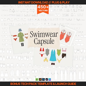 Op de afbeelding: Een digitaal grafisch ontwerpproduct met een verzameling badkledingontwerpen. De afbeelding bevat schetsen van verschillende badkledingstijlen, illustraties van kledingstukken en de tekst "Swimwear Capsule" en "450+ Vectors".