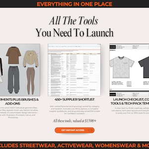 Massive streetwear vector bundle with 2100+ clothing mockups, fashion sketches, and flat fashion drawings. Includes hoodie vectors, tee mockups, outerwear flats, jogger sketches, and streetwear pants. Use for fashion design templates, digital clothing mockup presentations, and creating tech packs for streetwear fashion brands. Ideal for designers making streetwear fashion lines, brand launch collections, and digital tech pack templates across Adobe Illustrator, Canva, and Procreate.