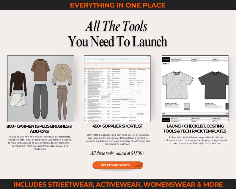 Massive streetwear vector bundle with 2100+ clothing mockups, fashion sketches, and flat fashion drawings. Includes hoodie vectors, tee mockups, outerwear flats, jogger sketches, and streetwear pants. Use for fashion design templates, digital clothing mockup presentations, and creating tech packs for streetwear fashion brands. Ideal for designers making streetwear fashion lines, brand launch collections, and digital tech pack templates across Adobe Illustrator, Canva, and Procreate.