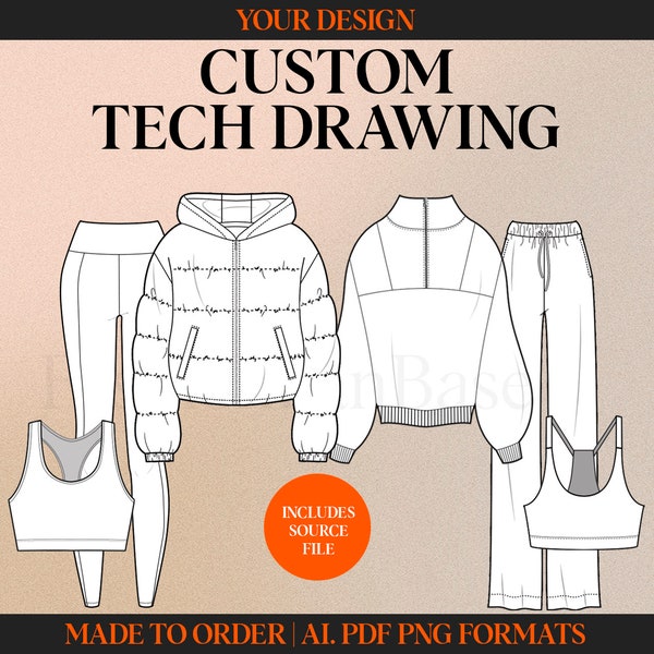 Croquis plat de mode personnalisé Dessin technique de mode personnalisé Croquis de design de mode Pack technique Dessin Modèle de pack technique - Fabriqué sur commande