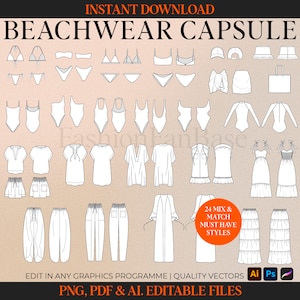 Pode incluir: Um conjunto de 24 ilustrações de moda de roupas de praia, incluindo roupas de banho, tops, vestidos, calças e acessórios. As ilustrações são em preto e branco e são adequadas para uso em projetos de design gráfico.