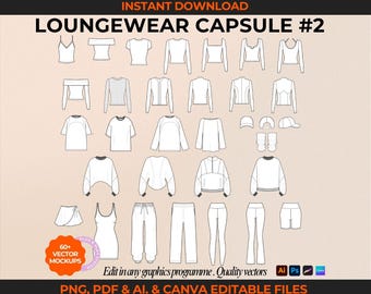 Loungewear Fashion Flats Hoodie Tech Pack Template Fashion Flat Clothing Brand Mock up Tech Drawing Bundle Fashion Design Template
