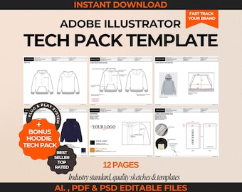 Fashion Tech Pack Template Kit Adobe Illustrator DIY Tech Pack Ai. PDF Hoodie Tech Pack Template