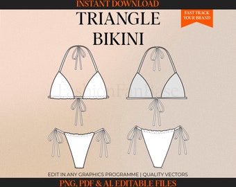 Triangle Bikini Drawing Bikini Fashion Flat Fashion Design Template Tech Pack Template Swimwear Tech Drawing Swimwear Designer