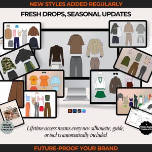 Massive streetwear vector bundle with 2100+ clothing mockups, fashion sketches, and flat fashion drawings. Includes hoodie vectors, tee mockups, outerwear flats, jogger sketches, and streetwear pants. Use for fashion design templates, digital clothing mockup presentations, and creating tech packs for streetwear fashion brands. Ideal for designers making streetwear fashion lines, brand launch collections, and digital tech pack templates across Adobe Illustrator, Canva, and Procreate.