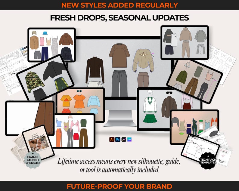 Massive streetwear vector bundle with 2100+ clothing mockups, fashion sketches, and flat fashion drawings. Includes hoodie vectors, tee mockups, outerwear flats, jogger sketches, and streetwear pants. Use for fashion design templates, digital clothing mockup presentations, and creating tech packs for streetwear fashion brands. Ideal for designers making streetwear fashion lines, brand launch collections, and digital tech pack templates across Adobe Illustrator, Canva, and Procreate.