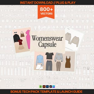May include: A digital collection of 800+ vector fashion illustrations titled Womenswear Capsule, featuring various clothing sketches, including tops, skirts, dresses, and pants, with a bonus tech pack template and launch guide included.