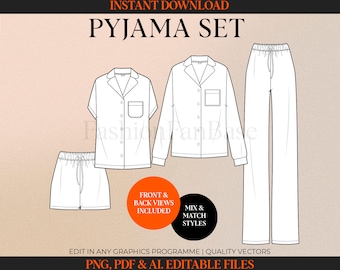 Pyjama Sketch Loungewear Vector Mockup Fashion Tech Pack Template Clothing Vector Fashion Design Template Fashion Vector Pyjamas Drawing
