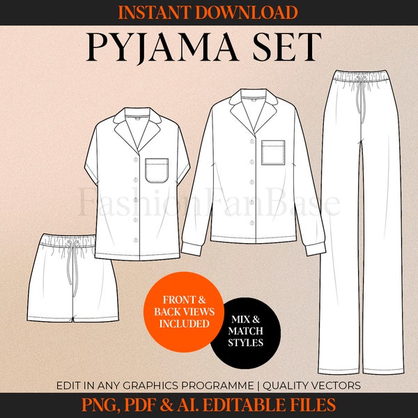 Pyjama Sketch Loungewear Vector Mockup Fashion Tech Pack Template Clothing Vector Fashion Design Template Fashion Vector Pyjamas Drawing