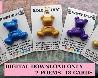 Descarga instantánea de archivos PDF: Tarjetas de bolsillo imprimibles 2 poemas diferentes - "Worry Bear" "Bear Hug". Plantillas comerciales y abrazos de bolsillo para proveedores.