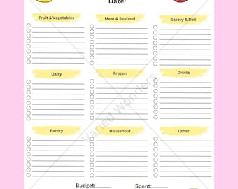 Grocery List Template Printable, Grocery Shopping List, Meal Prep, Meal Planning, Shopping List, Instant Download,