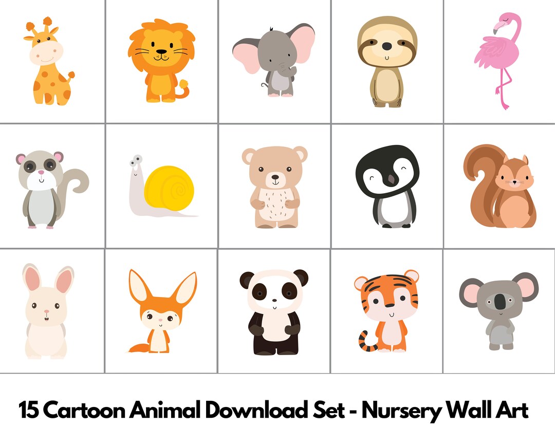 15 Cartoon Animal Wall Art Set Nursery Wall Art Etsy
