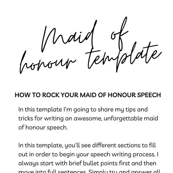 Maid of Honour Speech Template - Wedding Speech Checklist - Wedding Bridal Party Digital Download