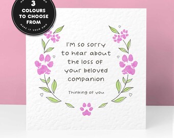 Dog Loss Sympathy Card, Pet Bereavement Card, Dog Memorial Card, Thinking Of You Card, Floral Paw Print Wreath Card