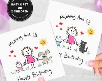 Mummy Birthday Card From Baby And Dog, Personalised Birthday Gift For Mum, Mumma And Us Portrait Card
