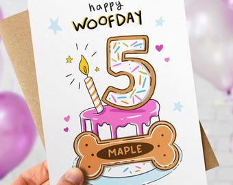 Dog Birthday Card with Personalised Age & Dog Biscuit Cake, Pink Birthday Card to Dog, Happy Woofday Custom Pet Card For Dog