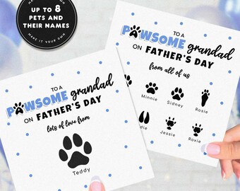 Personalised Pet Fathers Day Card For Grandad, Paw Print Gift From Dogs From Cats, Pet Lover Card For Him