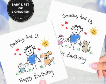 Dad Birthday Card From Baby And Pets, Personalised Birthday Card For Daddy, Portrait Birthday Card For Him