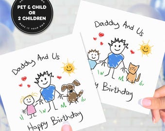 Birthday Card For Dad From Kids And Pets, Personalised Birthday Card From Pet And Child, Family Birthday Card For Daddy