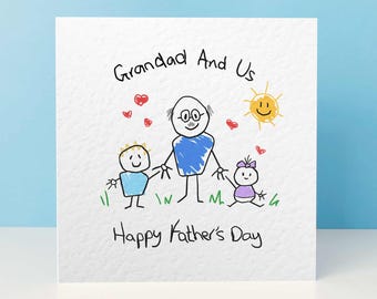Personalised Grandad Fathers Day Card, Family Portrait Gift With Kids And Pets, Cute Card For Grandad From Grandchildren