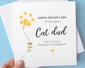 Personalised Cat Fathers Day Card For Dad, Paw Print Card From The Cat With Balloon, Pet Parent Gift For Cat Lover, Cat Card For Him