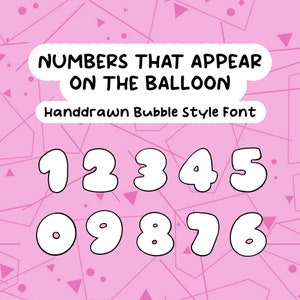 K&ouml;nnte beinhalten: Handgezeichnete Schriftart im Blasenstil mit den Zahlen 1, 2, 3, 4, 5, 0, 9, 8, 7 und 6 in Wei&szlig; auf rosa Hintergrund mit geometrischen Formen.