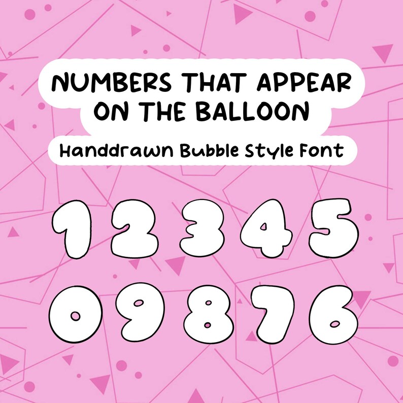 K&ouml;nnte beinhalten: Handgezeichnete Schriftart im Blasenstil mit den Zahlen 1, 2, 3, 4, 5, 0, 9, 8, 7 und 6 in Wei&szlig; auf rosa Hintergrund mit geometrischen Formen.