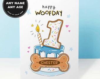 Personalised Dog Birthday Card with Dog Biscuit Cake, Custom Age Woofday Card, Birthday Card to Dog, Fun Pet Card for Dog Lovers