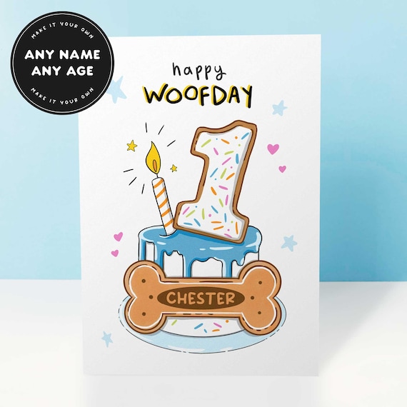 Personalised Dog Birthday Card with Dog Biscuit Cake, Custom Age Woofday Card, Birthday Card to Dog, Fun Pet Card for Dog Lovers