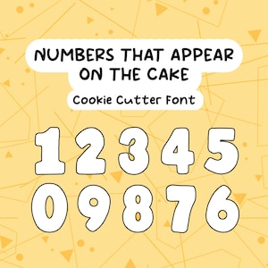 May include: White numbers 0-9 in a cookie cutter font, displayed on a yellow background with geometric shapes. The text "NUMBERS THAT APPEAR ON THE CAKE" and "Cookie Cutter Font" are also present.