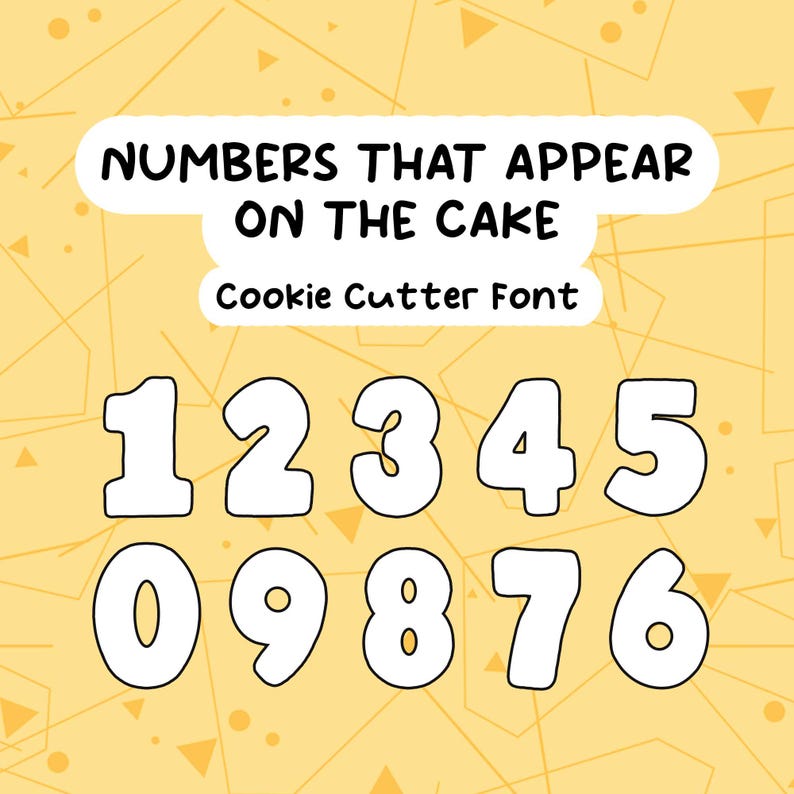 May include: White numbers 0-9 in a cookie cutter font, displayed on a yellow background with geometric shapes. The text "NUMBERS THAT APPEAR ON THE CAKE" and "Cookie Cutter Font" are also present.
