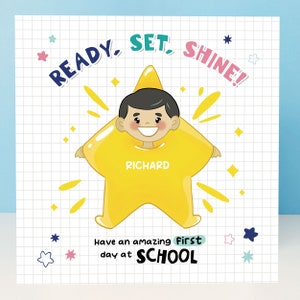 Personalised First Day At School Card, Ready, Set, Shine!, Starting School Card, Boys First Day Of School Card, Son Starting School Card